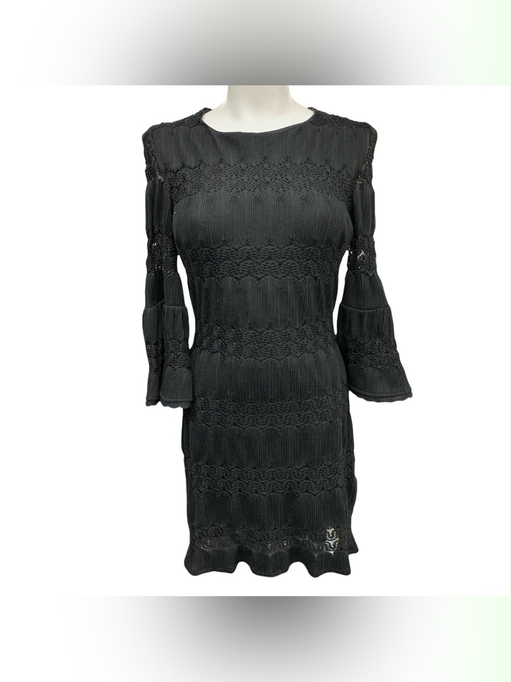 New York & Company Black Textured Midi Dress with Bell Sleeves Size XS